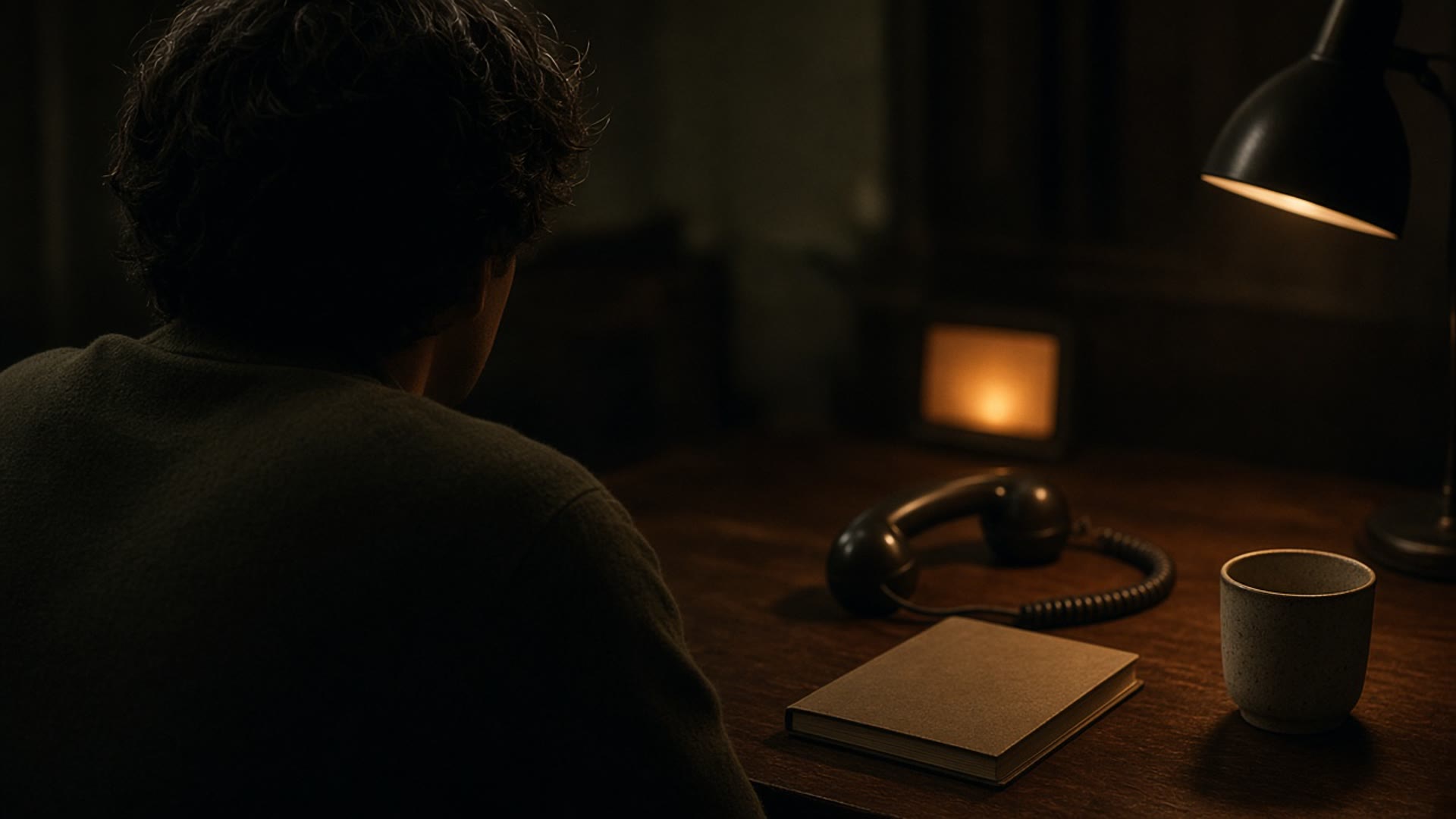 A dark wood desk at night, a telephone, and a warm lamp.