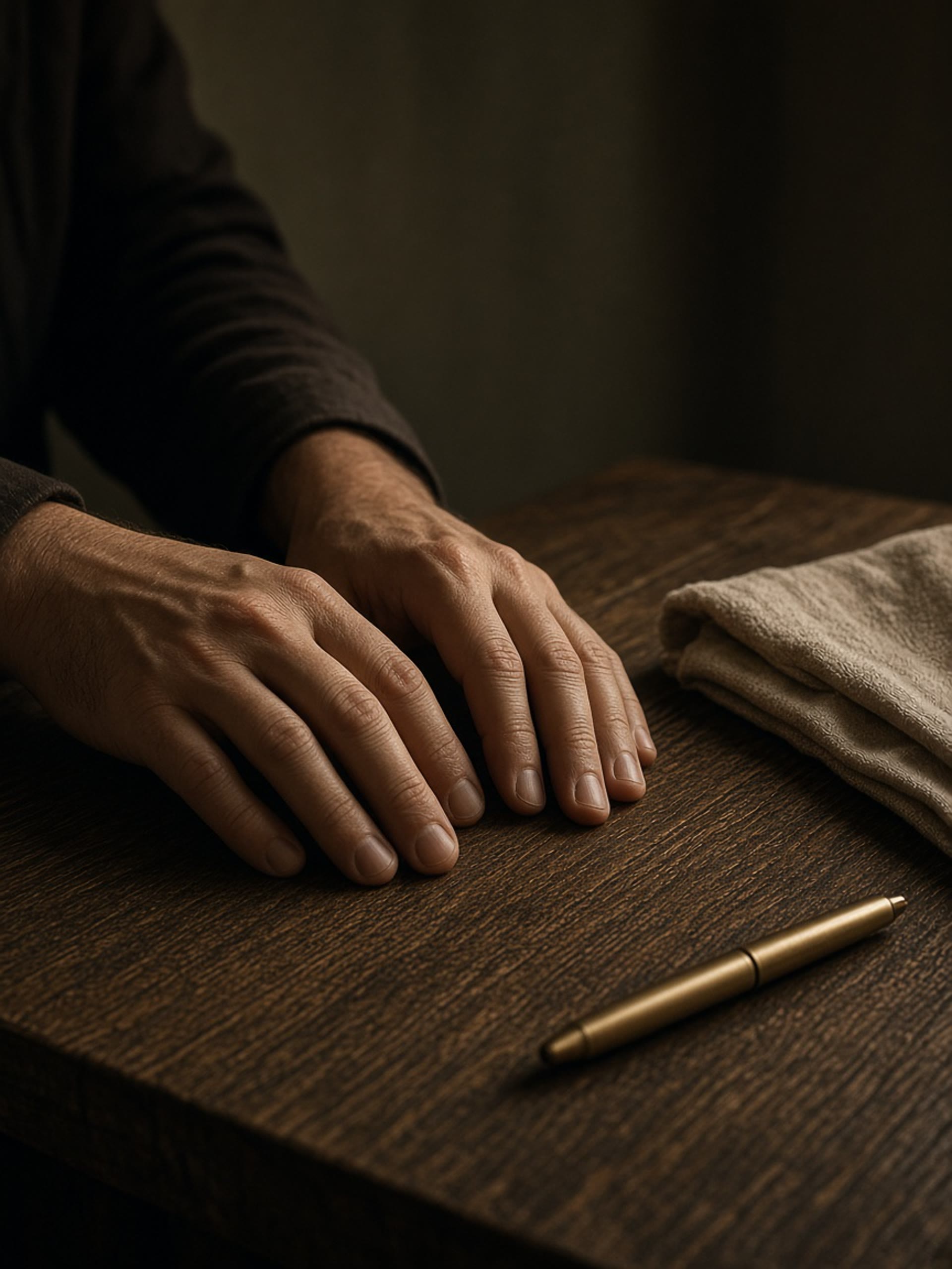 Hands resting on a dark oak table in warm side light.