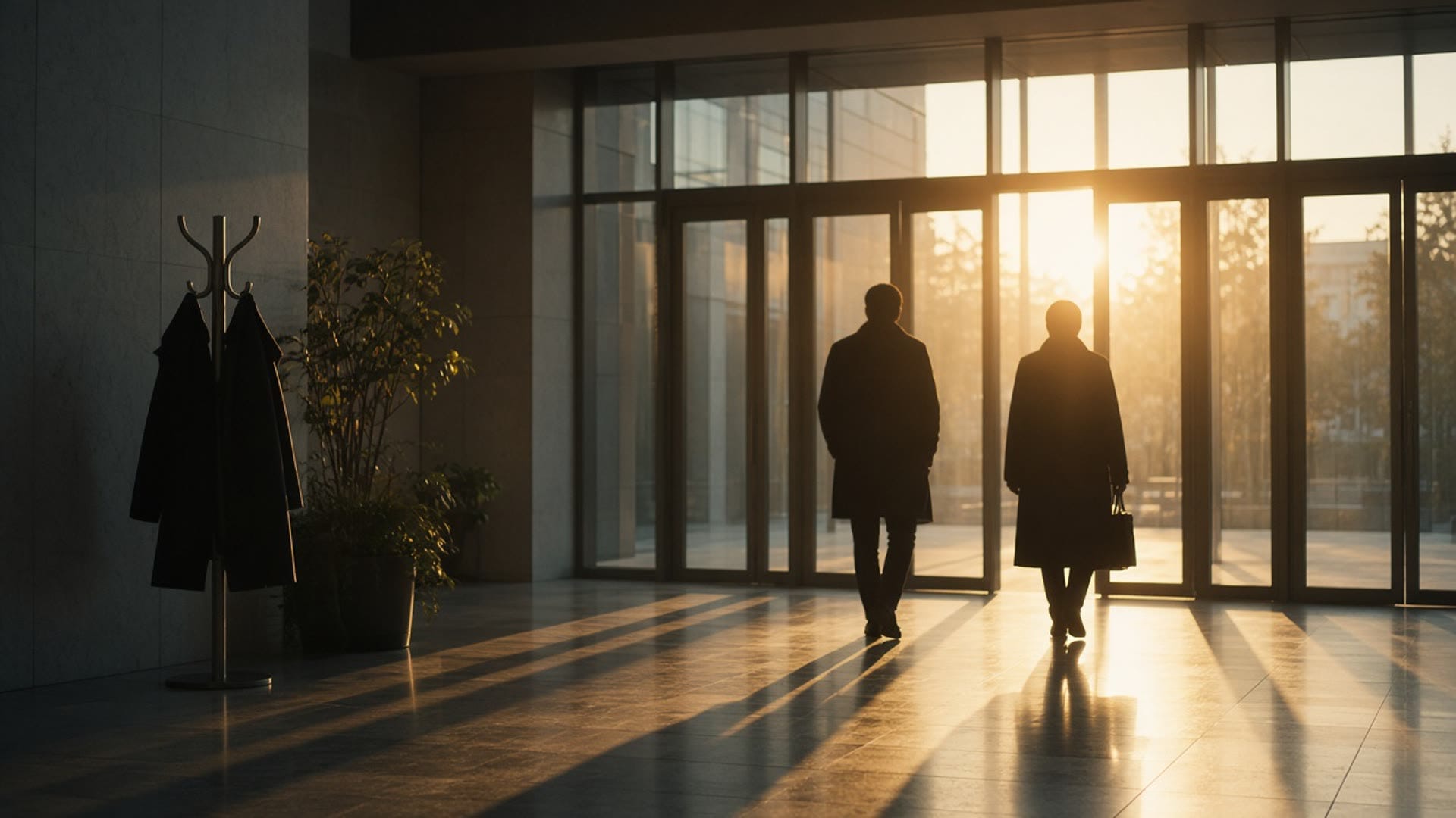 Morning light through a glass workplace entrance.