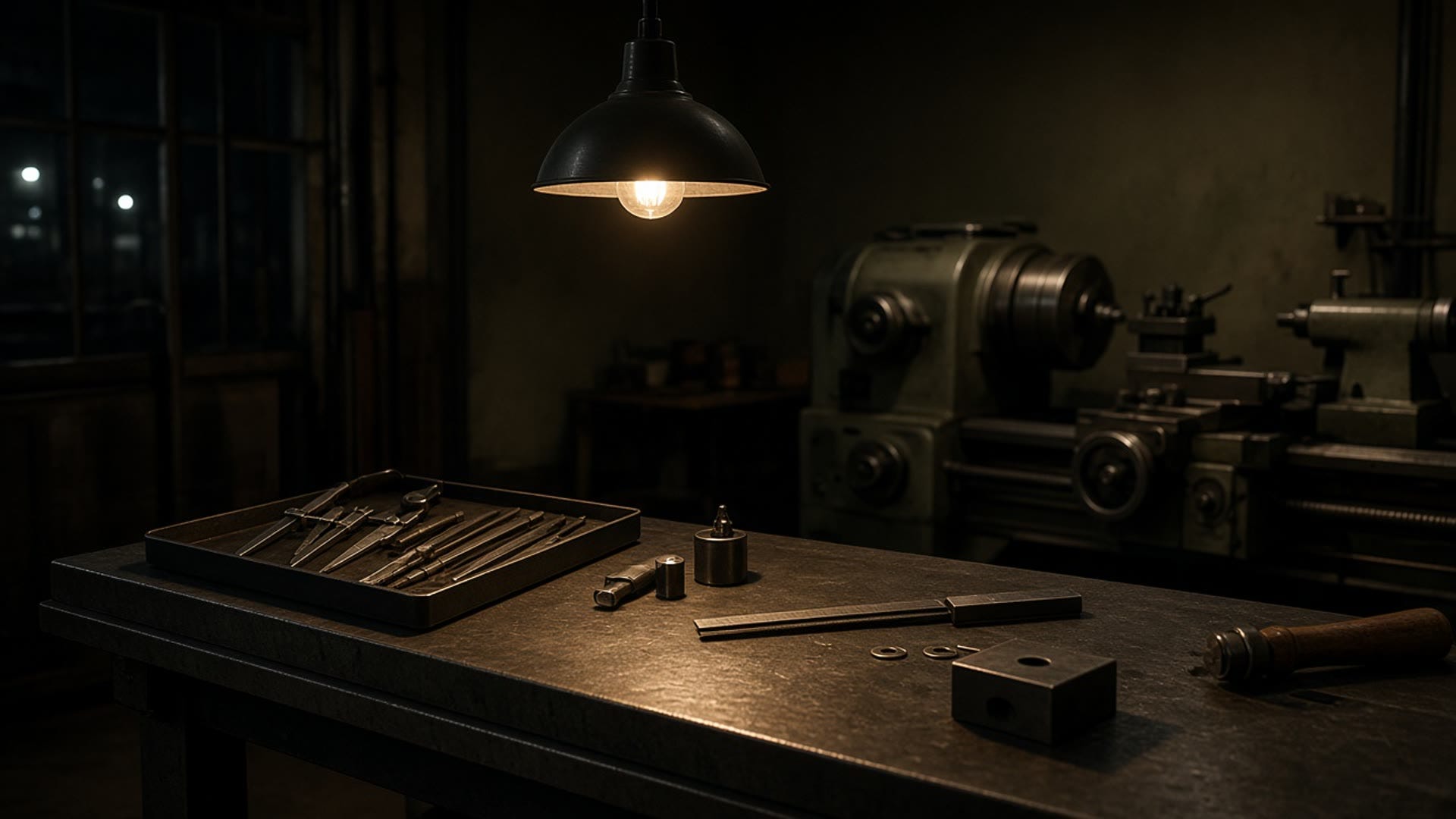 A clean workshop bench under a single hanging lamp.
