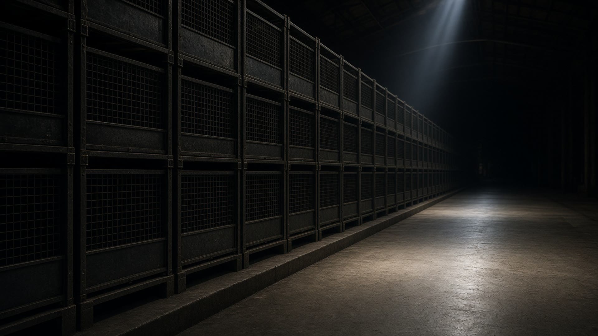 A long aisle of identical bins falling into darkness.